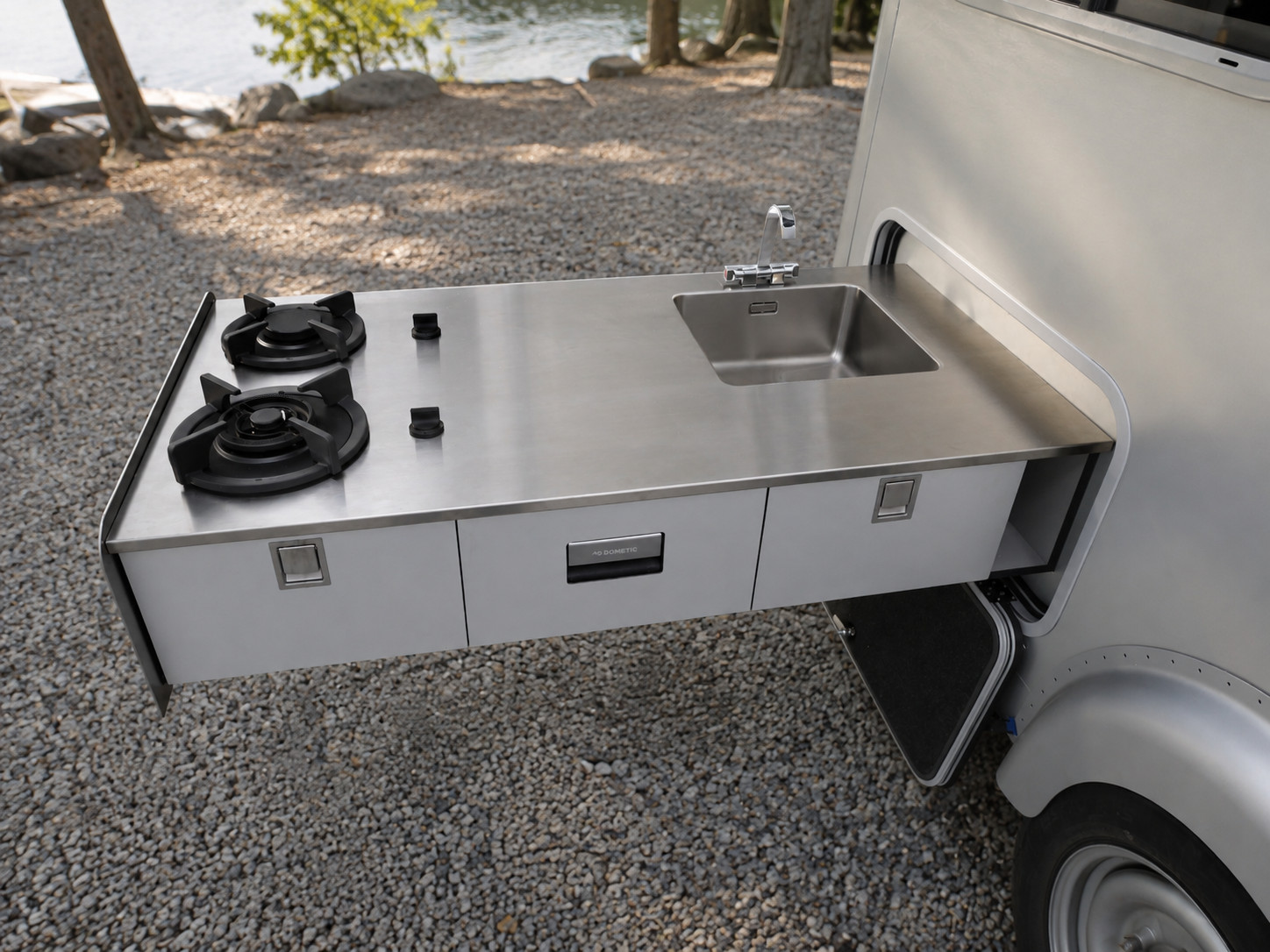 The slide out kitchen saves on interior space