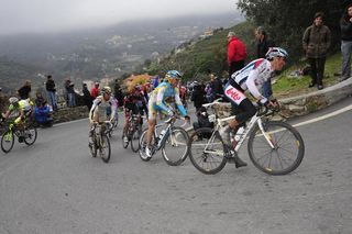 Greg Van Avermaet (Omega Pharma-Lotto) is red-faced from the effort on the climb.