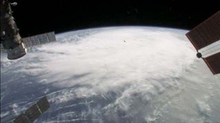 Aboard the International Space Station, an Expedition 28 crew member captured views of intensifying Hurricane Irene from an altitude of 225 miles at 3:33 p.m. EDT on Aug. 22, 2011, as the tropical system passed to the north of Hispaniola.