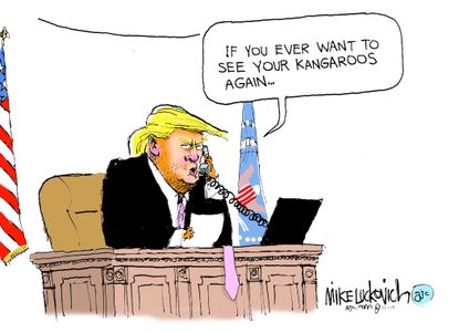 Political Cartoon U.S. Trump Australia Call Kangaroo Scott Morrison