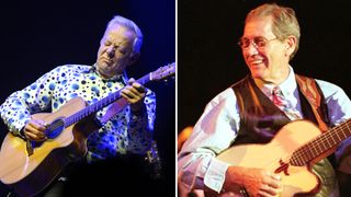 Tommy Emmanuel performs on stage at the Victorian Arts Centre, Hamer Hall on May 25, 2025 in Melbourne, Australia / Chet Atkins performs at Paul Masson Winery on September 20, 1991 in Saratoga, California