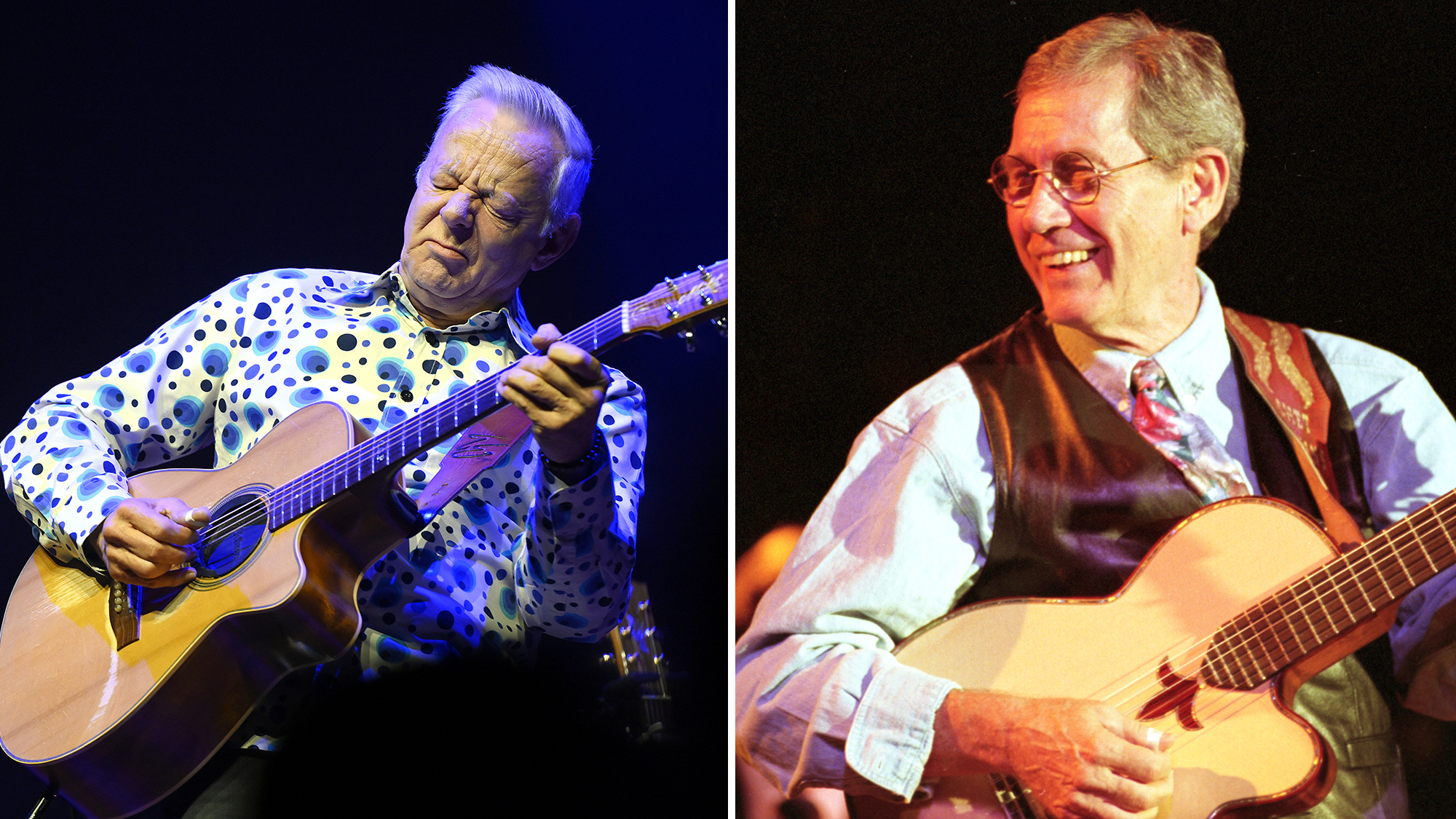 Tommy Emmanuel performs on stage at the Victorian Arts Centre, Hamer Hall on May 25, 2025 in Melbourne, Australia / Chet Atkins performs at Paul Masson Winery on September 20, 1991 in Saratoga, California