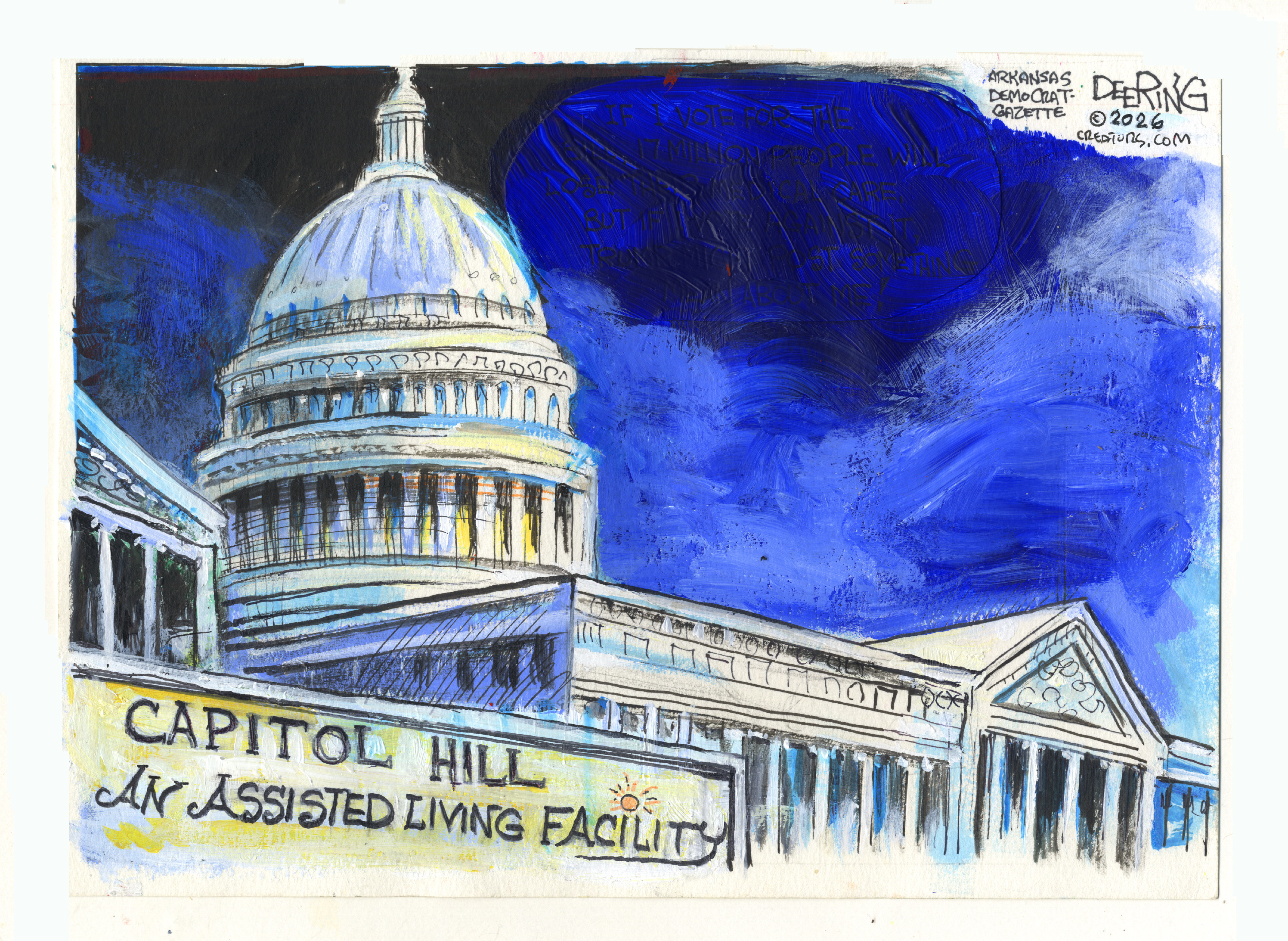 This cartoon depicts the U.S. Capitol building. A sign in front reads, &amp;ldquo;Capitol Hill: An assisted living facility.&amp;rdquo;