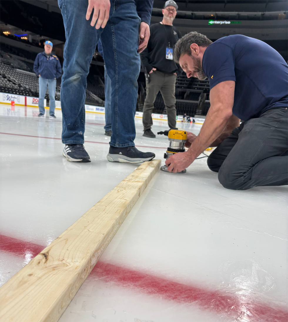 Working alongside the ice crew, broadcast audio technicians used a router to cut channels into the surface approximately 2 to 3 inches wide to accommodate each microphone.
