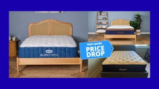 A collage of cooling mattresses. Bear Elite Hybrid on rattan bed frame in sleep studio (left). Brooklyn Bedding Copperflex on rattan bed frame (top right). Brooklyn Bedding Thermobalance mattress in tester's bedroom on grey bed frame (bottom right) on navy blue background with Tom's Guide price drop logo