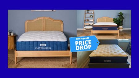 A collage of cooling mattresses. Bear Elite Hybrid on rattan bed frame in sleep studio (left). Brooklyn Bedding Copperflex on rattan bed frame (top right). Brooklyn Bedding Thermobalance mattress in tester's bedroom on grey bed frame (bottom right) on navy blue background with Tom's Guide price drop logo