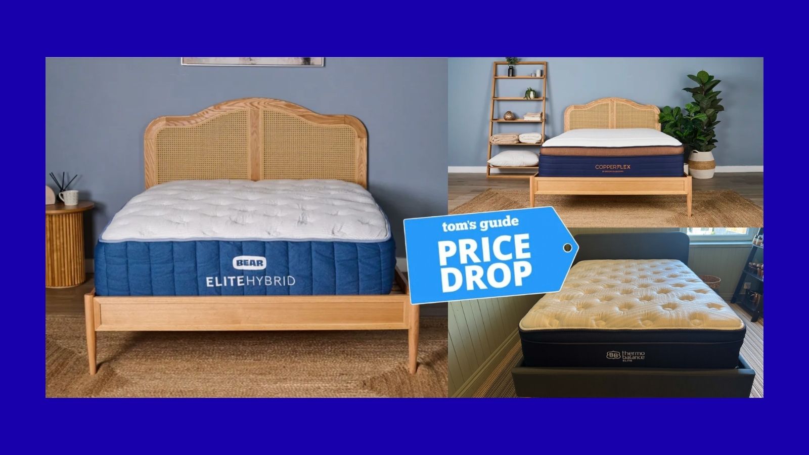 A collage of cooling mattresses. Bear Elite Hybrid on rattan bed frame in sleep studio (left). Brooklyn Bedding Copperflex on rattan bed frame (top right). Brooklyn Bedding Thermobalance mattress in tester's bedroom on grey bed frame (bottom right) on navy blue background with Tom's Guide price drop logo