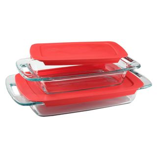 Glass pyrex baking dish on a white background