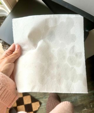 Person holding paper towel with essential oil on it and putting it in the bin