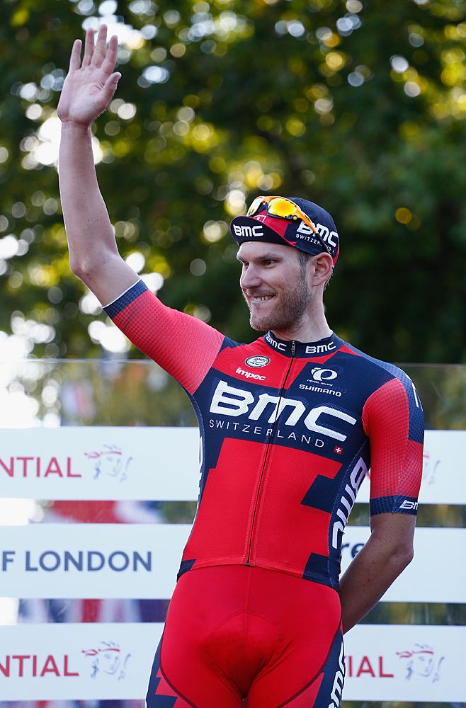 Jean-Pierre Drucker (BMC) waves to the crowd from the podium at the RideLondon Classic