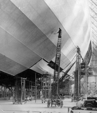 This photo from 1935 shows The Hindenburg under construction at Friedrichshafen.