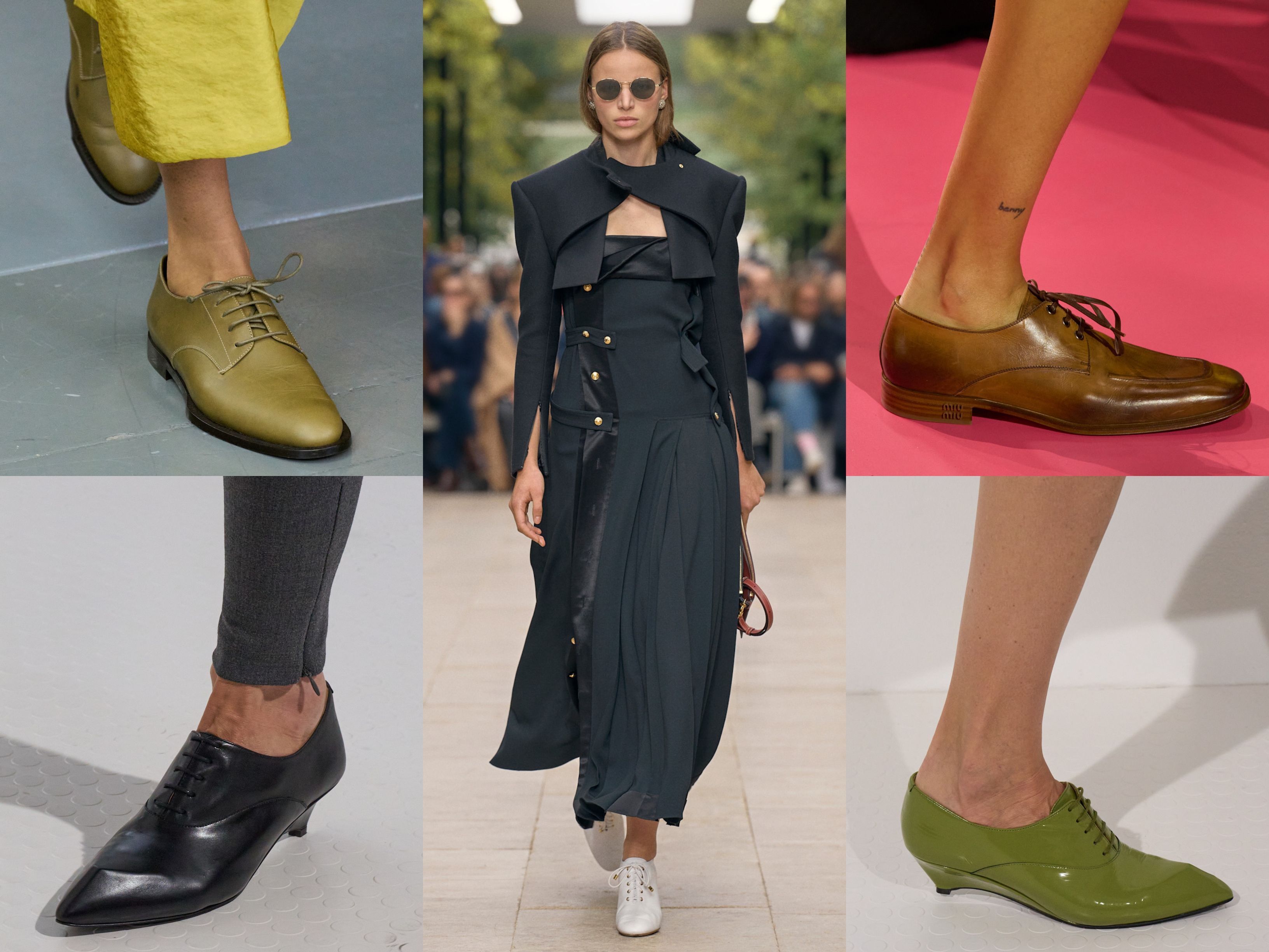 derby shoes on the runways of celine, miu miu, tibi, and jil sander