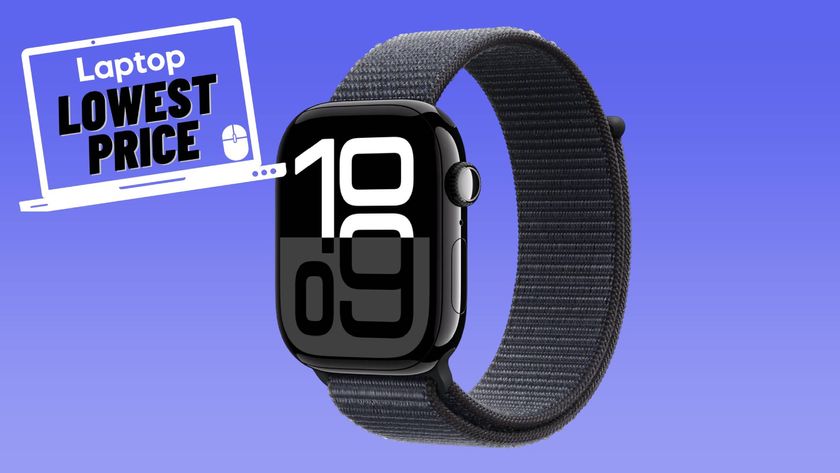 Black Apple Watch Series 10 with Jet Black Aluminum Case and Ink sport loop against blue gradient background.