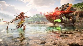 Aloy aims her spear at a Bilegut, one of the new enemy machines in Horizon Forbidden West: Burning Shores