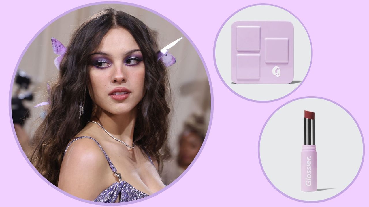 Olivia Rodrigo wearing a purple gown, with purple butterflies in her hair at the Met Gala 2022/ alongside products stills of Olivia Rodrigo&#039;s Glossier Collection, featuring Ultralip and Monochromes palette/ in a purple template