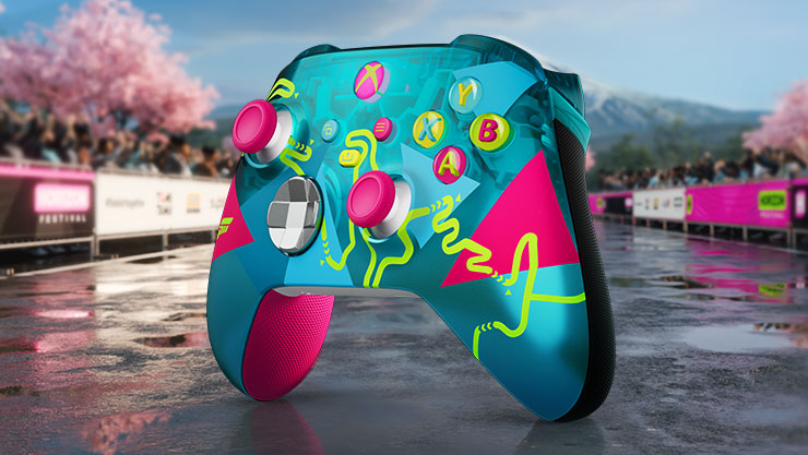 A vibrant gaming controller with pink and neon accents is set against a lively festival backdrop with cherry blossoms, evoking excitement and energy.