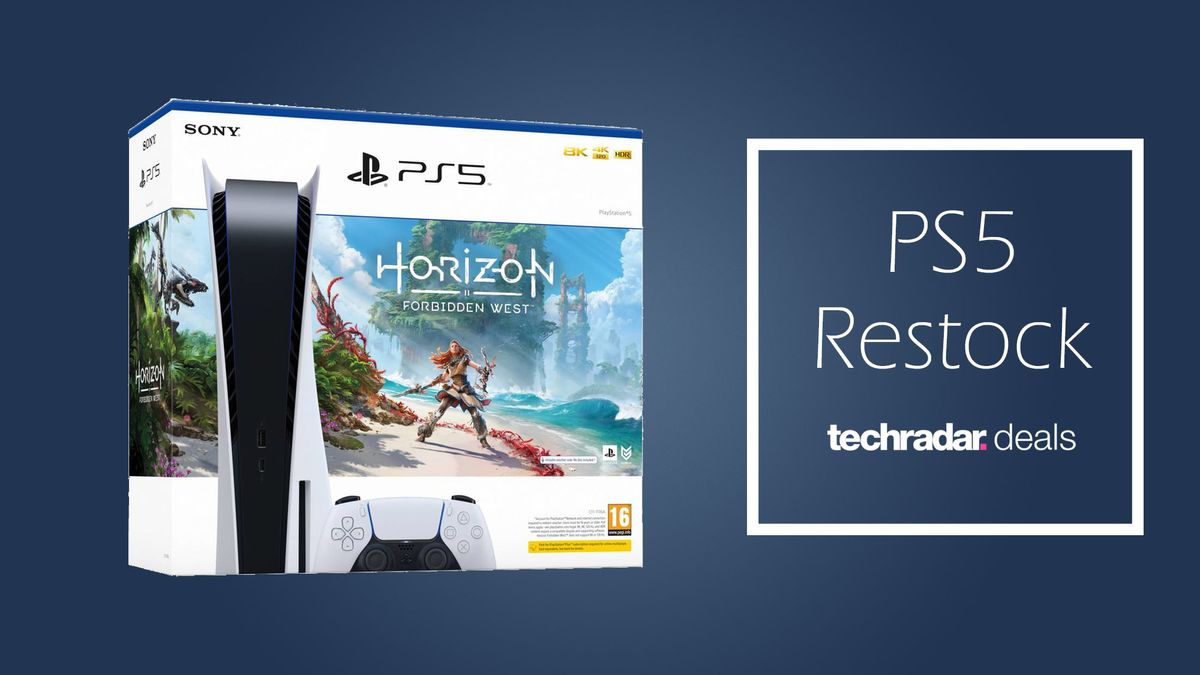 PS5 restock with Horizon Forbidden West bundle on blue background