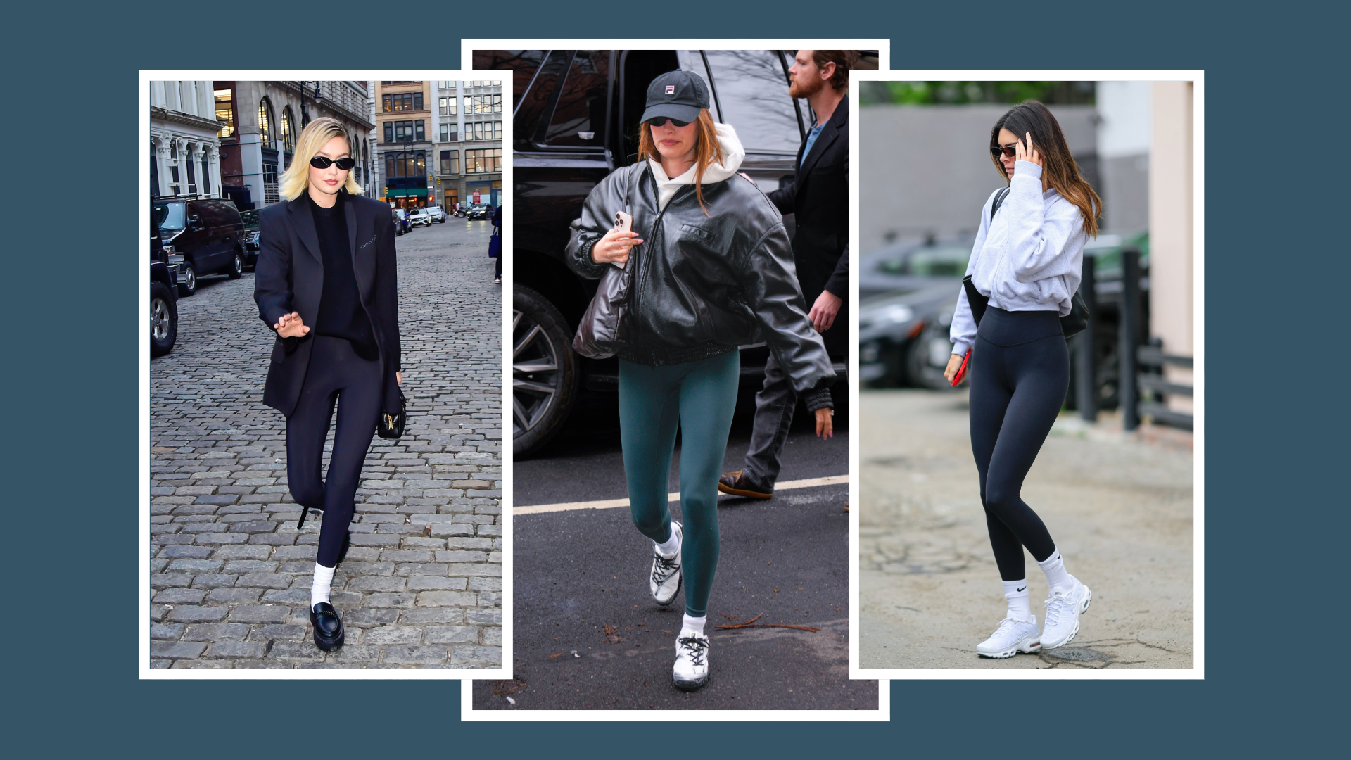 photo collage of gigi hadid, hailey bieber, and kendall jenner wearing alo yoga leggings with white border overlaid dark teal background