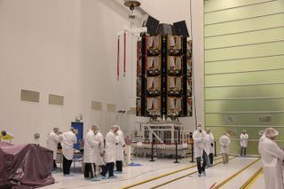 OneWeb broadband satellites being prepped for a Feb. 6, 2020 liftoff from Baikonur Cosmodrome in Kazakhstan.