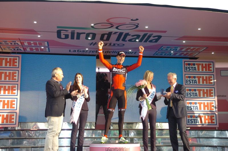 Taylor Phinney celebrates winning the opening day time trial of the 2012 Giro