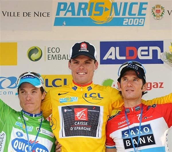 The final podium with winner Sanchez in the middle. Second placed Schleck is on the right and third-placed Chavanel on the left.