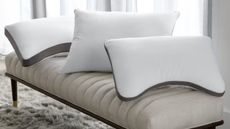 Three Sleep Number PlushComfort Classic Pillow on a bedroom bench, along with the Curved and Ultimate Curved options.