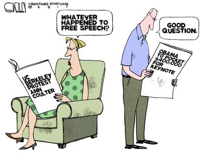 Political Cartoon U.S. First Amendment free speech Ann Coulter Barack Obama