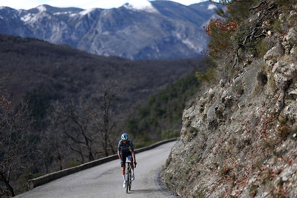 Soudal Quick-Step's French rider Valentin Paret-Peintre rides in a breakaway during the 8th and final stage of the Paris-Nice cycling race, 129.2 km between Nice and Nice, on March 15, 2026. (Photo by Anne-Christine POUJOULAT / AFP)