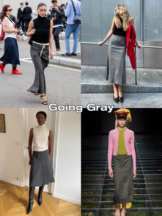 A collage of four gray-skirt images with the words "going gray" on it.