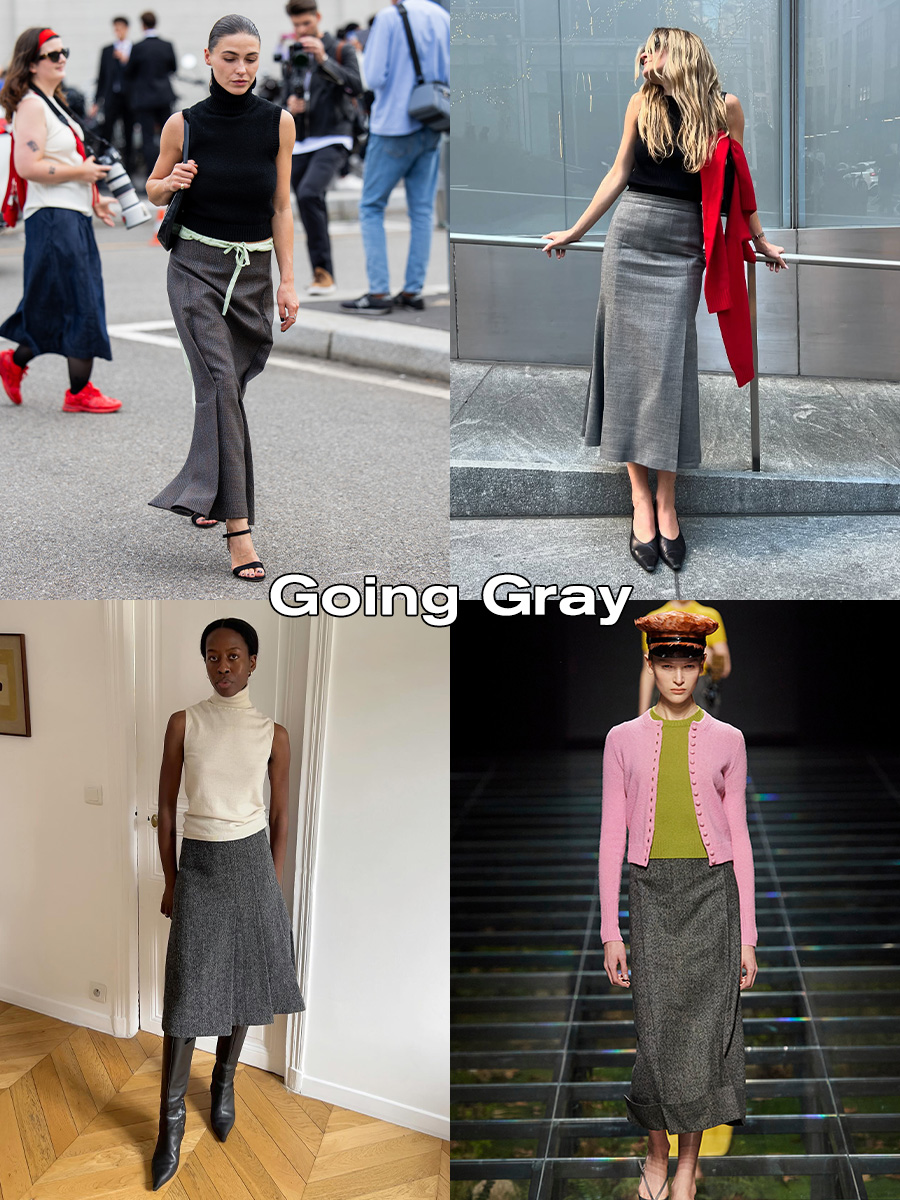 A collage of four gray-skirt images with the words 