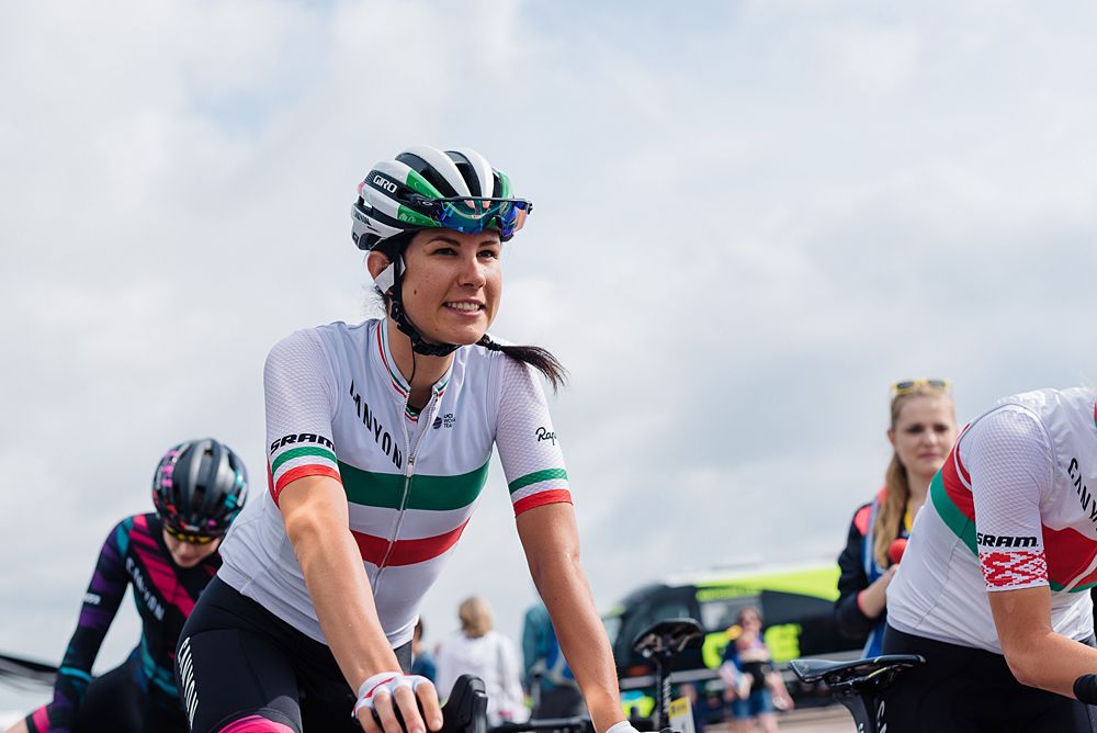 Italitan Champion, Elena Cecchini rolls up to the start line at Aviva Women's Tour 2016 - Stage 1