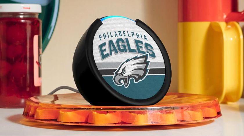 Amazon echo pop with Philadelphia Eagles logo