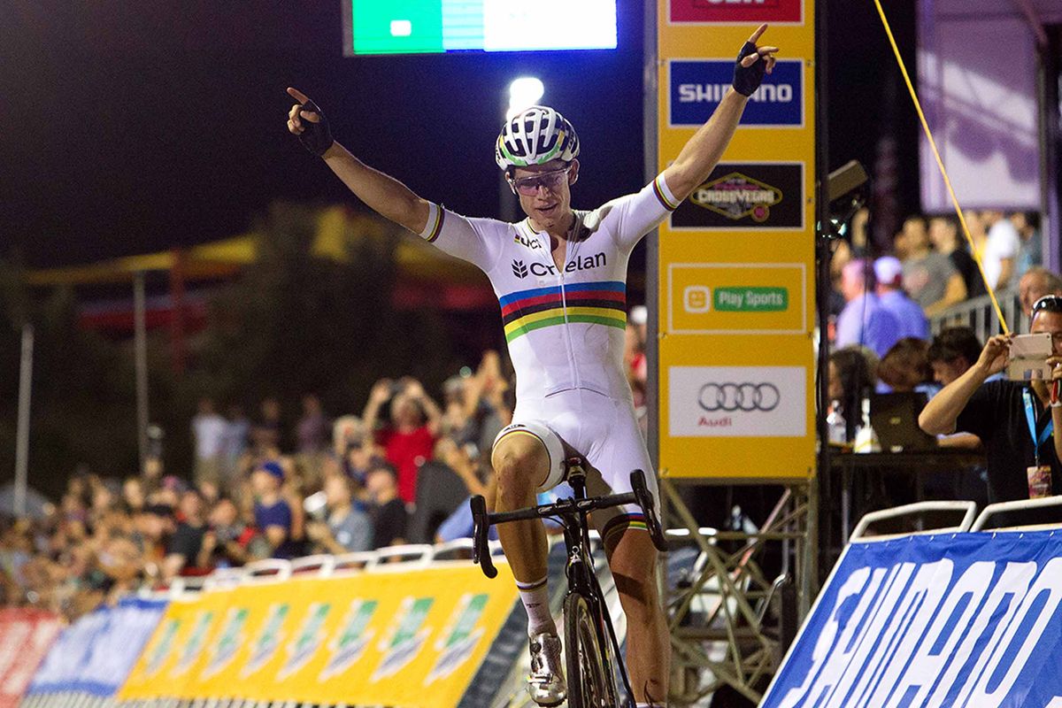 Wout Van Aert celebrates CrossVegas victory.