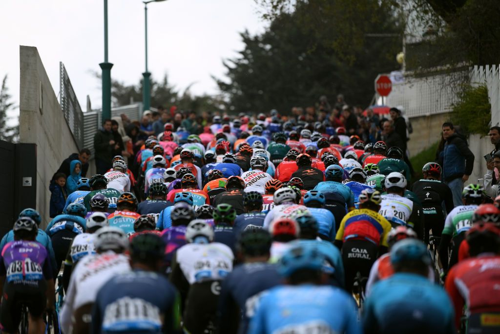 ESTELLA SPAIN APRIL 01 A general view of the peloton competing during the 32nd Gran Premio Miguel Indurain 2023 a 2032km one day race from Estella to Estella GPIndurain on April 01 2023 in Estella Spain Photo by David RamosGetty Images