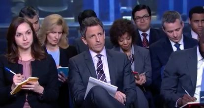 Seth Meyers with the rest of the Late Night press corps.