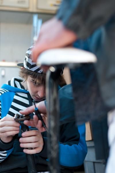 Giant's new signing, Danny Hart, works on setting up his bike for the season.