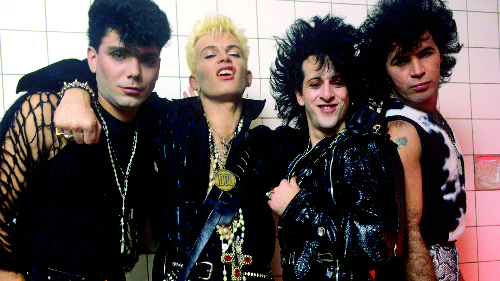 Billy Idol (second from left) and Steve Stevens (second from right) with band memebrs on the Rebel Yell tour in Dortmund, Germany, October 31, 1984.