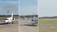 Three screenshots from a video showing thousands of private jets at Augusta Regional airport during Masters week