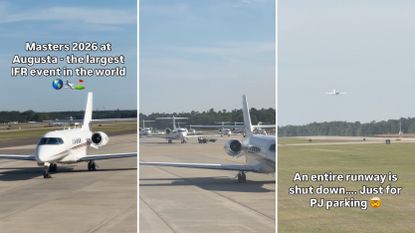 Three screenshots from a video showing thousands of private jets at Augusta Regional airport during Masters week