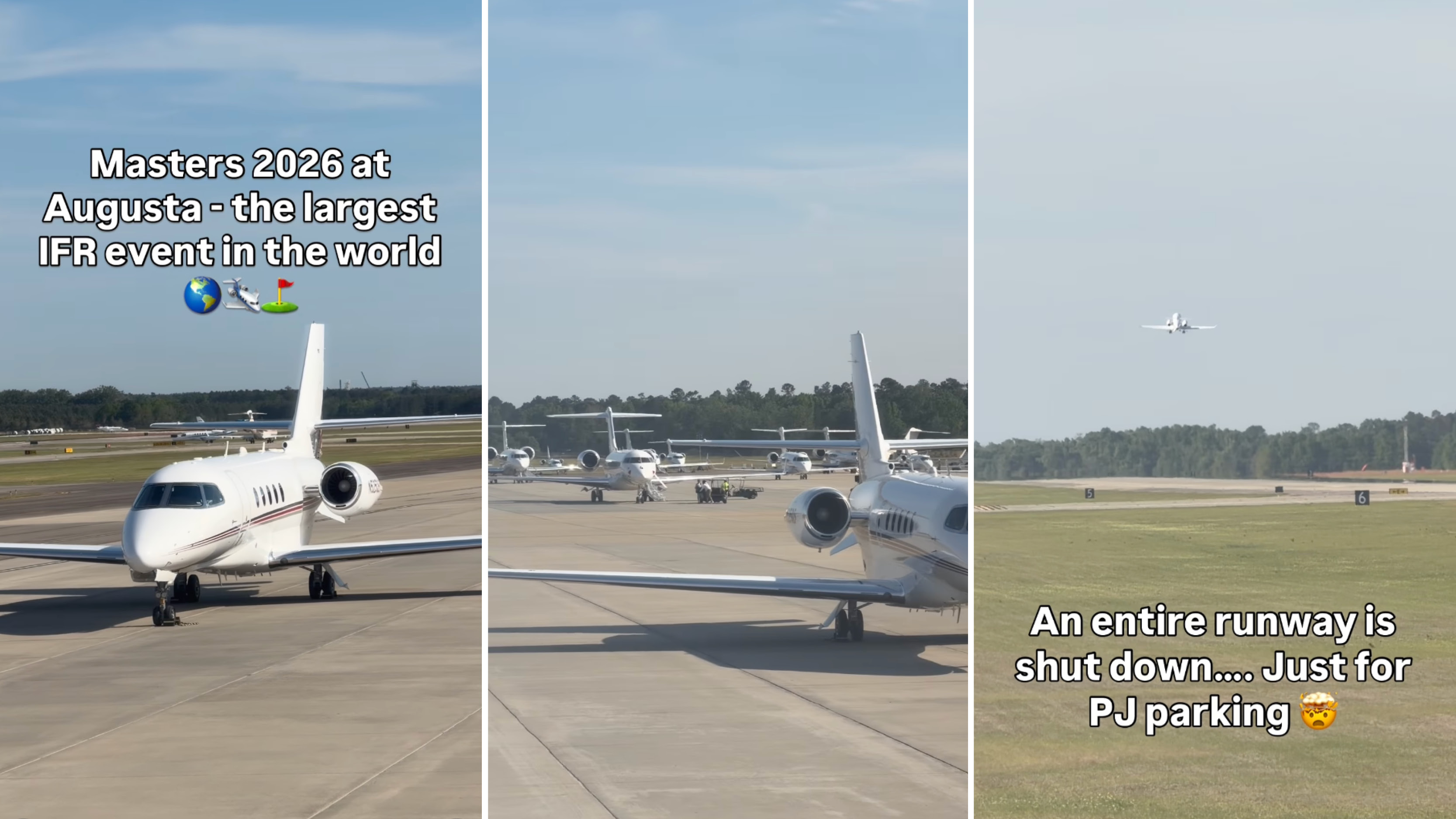 Three screenshots from a video showing thousands of private jets at Augusta Regional airport during Masters week