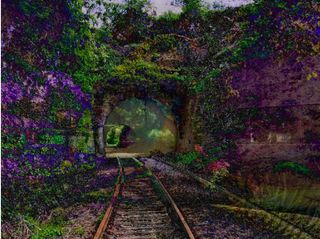 An AI art image of a train track entering a leafy tunnel