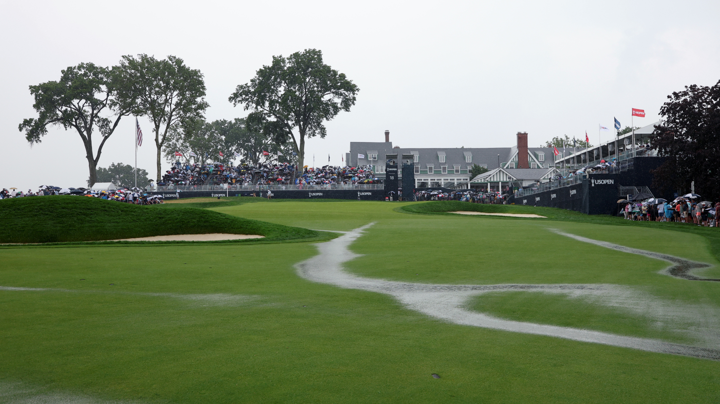 Rain pool on the 18th hole at Oakmont 