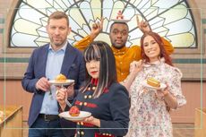 The judges and presenters from Bake Off: The Professionals in the filming location