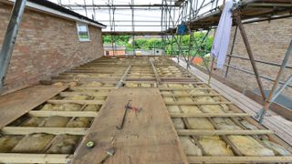 An insulated roof with scaffolding