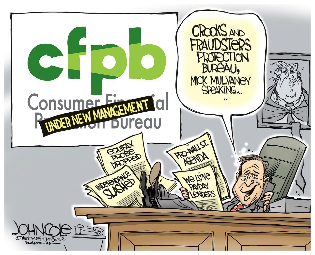 Political cartoon U.S. Mick Mulvaney CFPB Wall Street