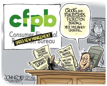 Political cartoon U.S. Mick Mulvaney CFPB Wall Street