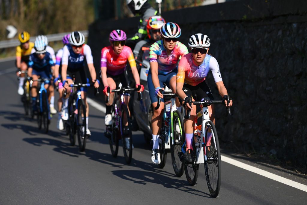 CITTIGLIO ITALY MARCH 20 Erica Magnaldi of Italy and UAE Team ADQ competes in the breakaway during the 46th Trofeo Alfredo BindaComune di Cittiglio 2021 Womens Elite a 1418km one day race from Cocquio Trevisago to Cittiglio TrBinda UCIWWT on March 20 2022 in Cittiglio Italy Photo by Tim de WaeleGetty Images