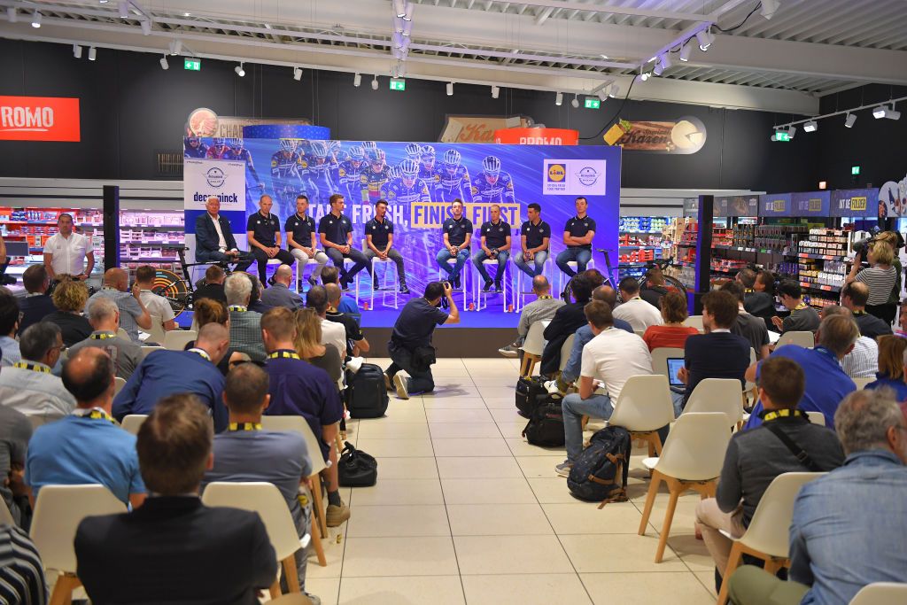 QuickStep's pre-Tour press conference took place in a Brussels Lidl