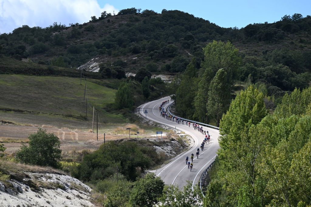 VILLARCAYO SPAIN SEPTEMBER 07 A general view of the peloton competing during the La Vuelta 79th Tour of Spain 2024 Stage 20 a 172km stage from Villarcayo to Picon Blanco 1491m UCIWT on September 07 2024 in Villarcayo Spain Photo by Tim de WaeleGetty Images