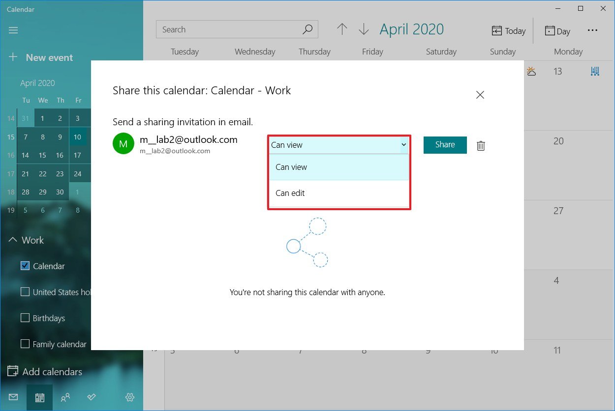 Share calendar on Windows 10